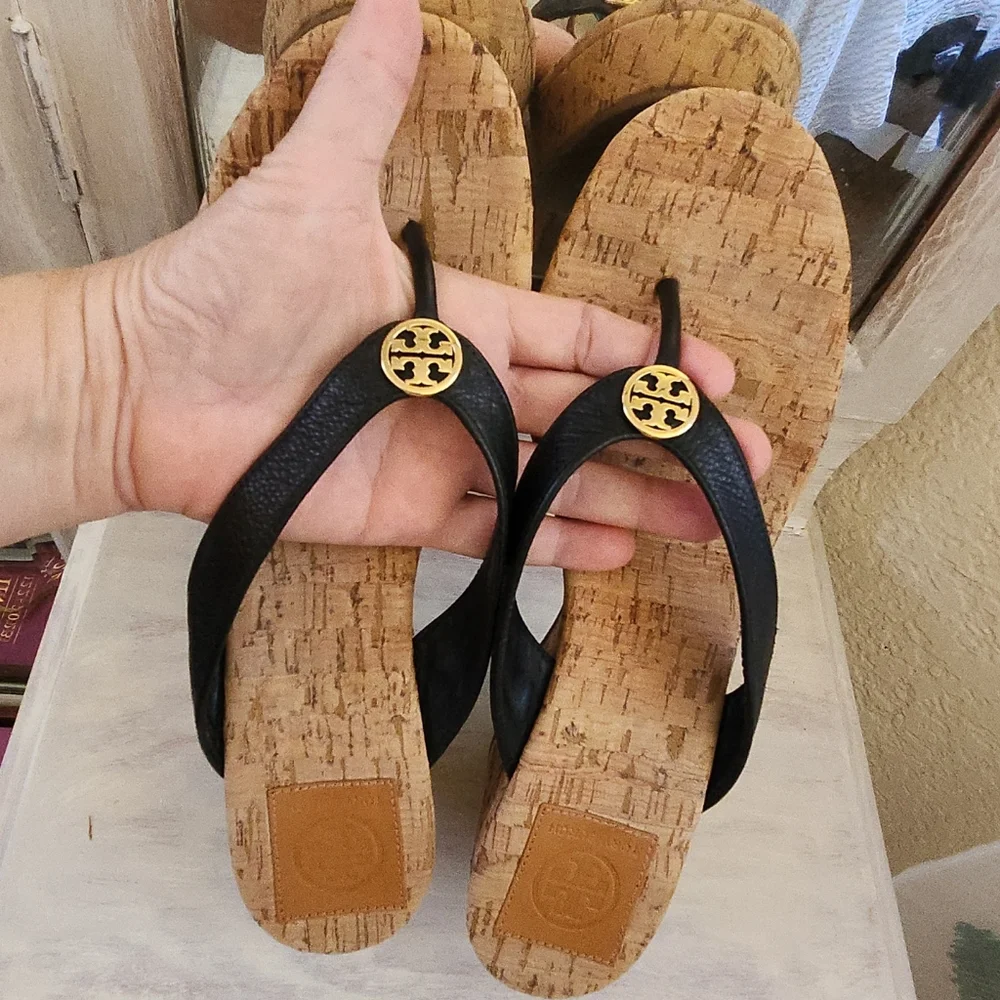 TORY BURCH CORK WEDGE SLIPPERS FLIP FLOPS SANDALS - Picture 8 of 8